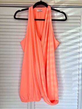 Zenana EUC Women’s Bright Coral Orange Faux Front Wrap Sleeveless Knit Top Sz XL